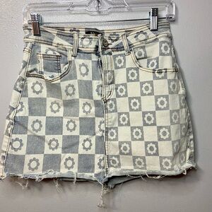 Mini Denim Skirt in Washed Gray Floral Checker